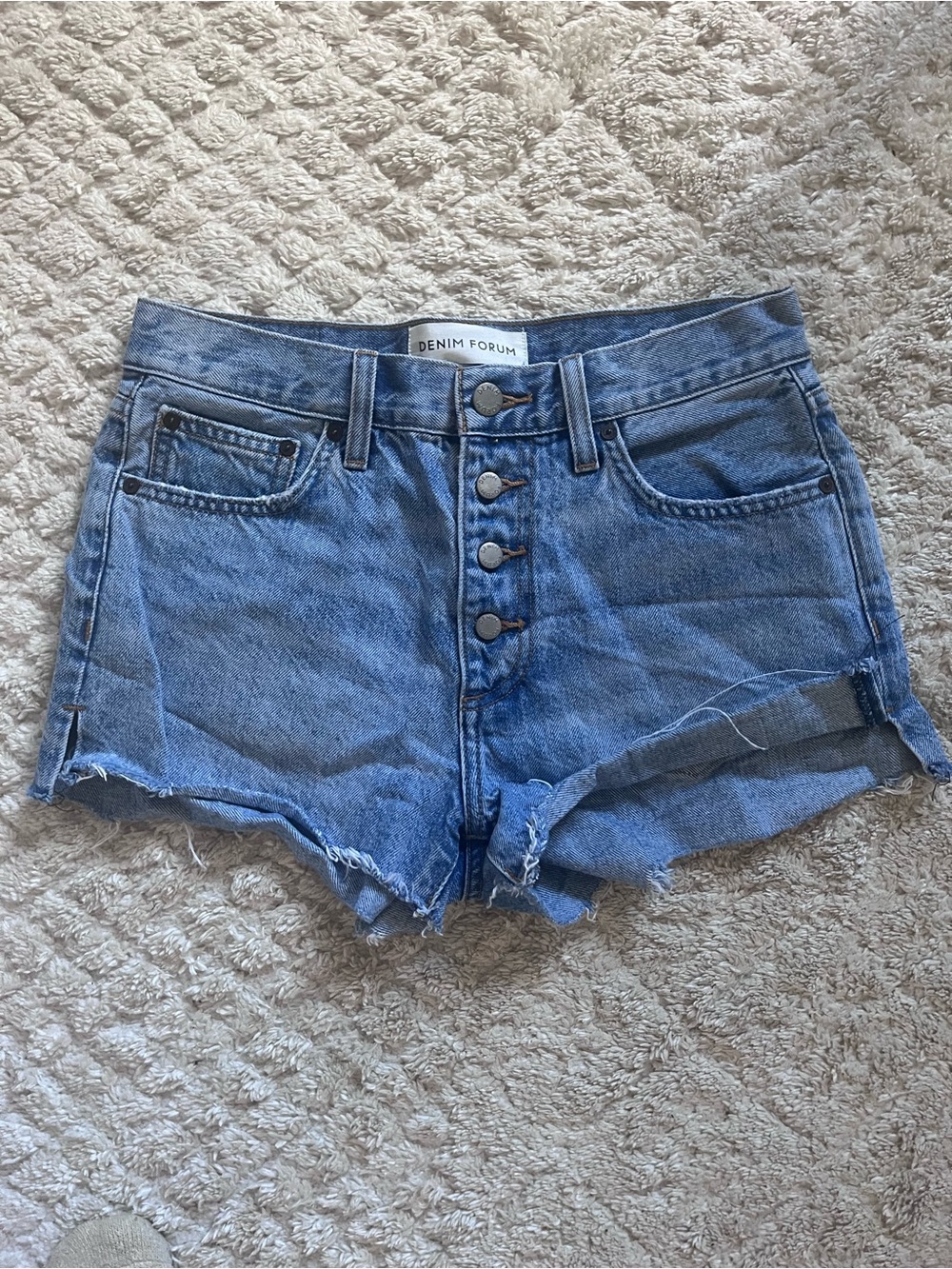 ARITZIA Denim Forum Distressed Mid-Blue High Rise Button-Fly Shorts